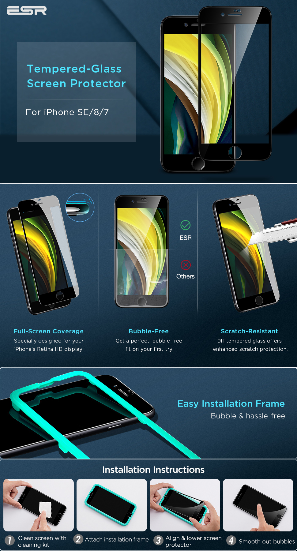 "ESR iPhone SE 2020/8/7 Tempered Glass Full 3D Coverage Screen Protector - Black Edge "